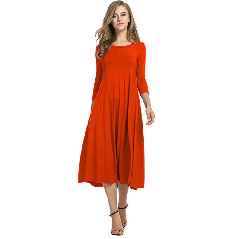 Dames midi jurk - flared hem voor een relaxte stijl - gezellige jurk met driekwartmouwen