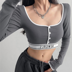 Geribbelde knoopcrop top - stijlvolle dames top met lange mouwen