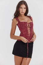 Dames lace-up corset top - rijke merlot blouse met elegante uitstraling