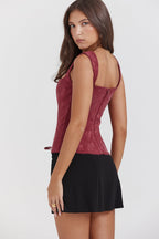 Dames lace-up corset top - rijke merlot blouse met elegante uitstraling