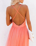 Vrouwen feestjurk flowy tulle perzikkleurige avondjurk - elegante rugloze maxi voor speciale gelegenheden