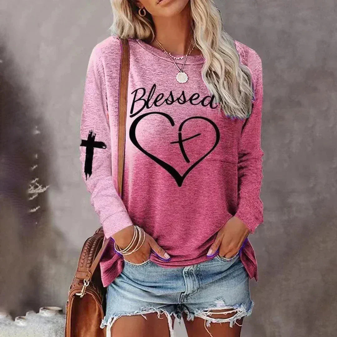 Langsleeve sweatshirt - trendy dames top met hart en kruis ontwerp