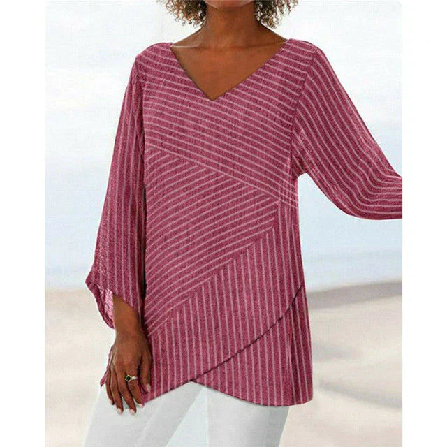 Dames gestreepte v-hals top - trendy blouse met lange mouwen