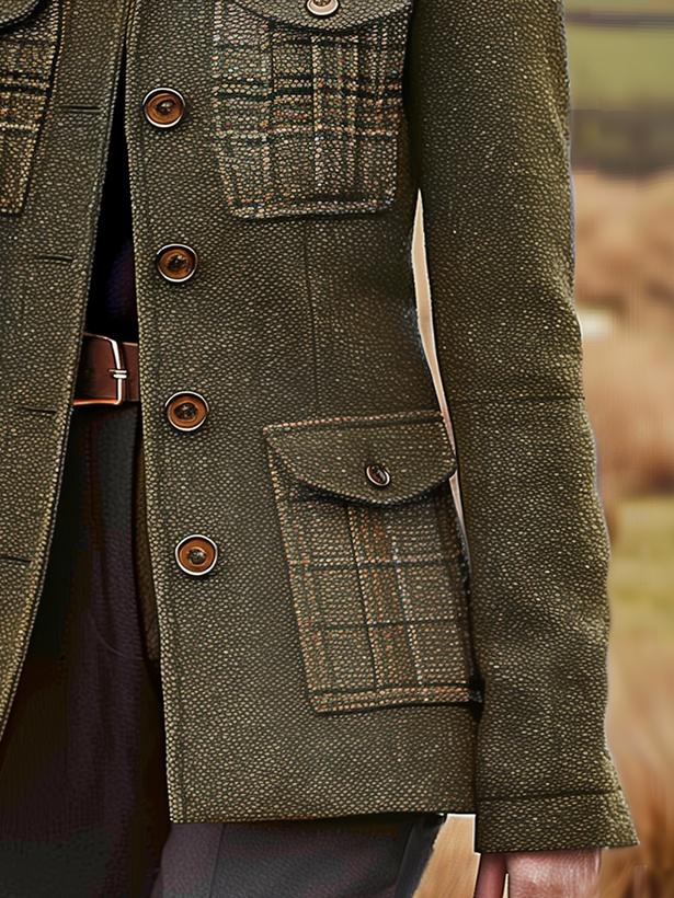 Vintage wollen blazer - groene jachtstijl jas met meerdere zakken en opstaande kraag - Bakkermode.nl