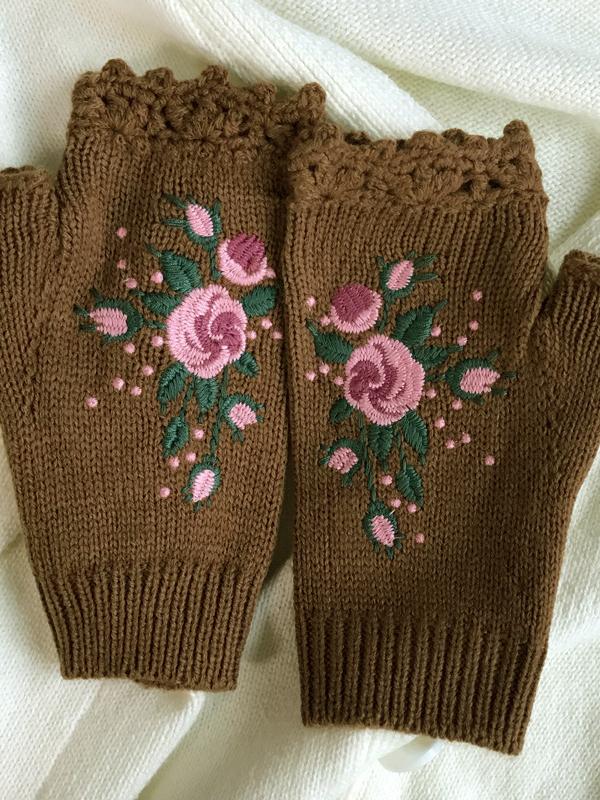 Halvevinger handschoenen - gebreide handschoenen voor dames met bijen- en bloemenborduursel