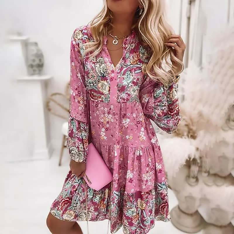 Dames boho bloemenjurk - lichte lange mouwen elegante outfit voor zomerse gelegenheden