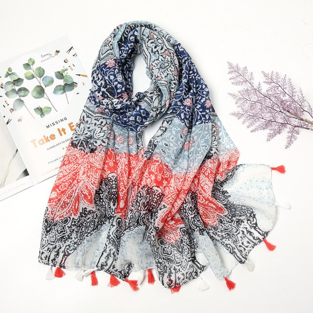 Florale pashmina sjaal met franjes - elegante dames sjaal - Bakkermode.nl