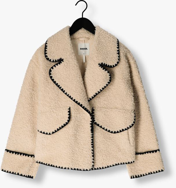 Teddy jas dames – warme oversized winterjas in beige met zwarte accenten - Bakkermode.nl