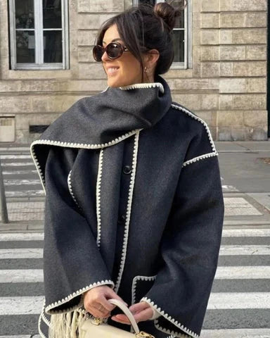 Elegante wollen damesjas - oversized warme winterjas met chique omslagkraag - Bakkermode.nl