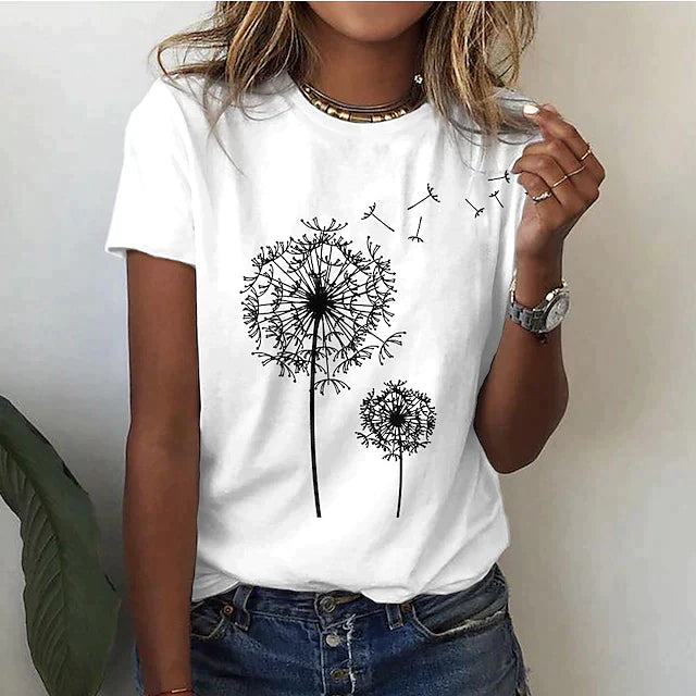 Dames t-shirt met paardenbloemprint - trendy casual korte mouwen voor dagelijks gebruik