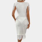 Gebreid jurk - witte dames zomerjurk met franjes