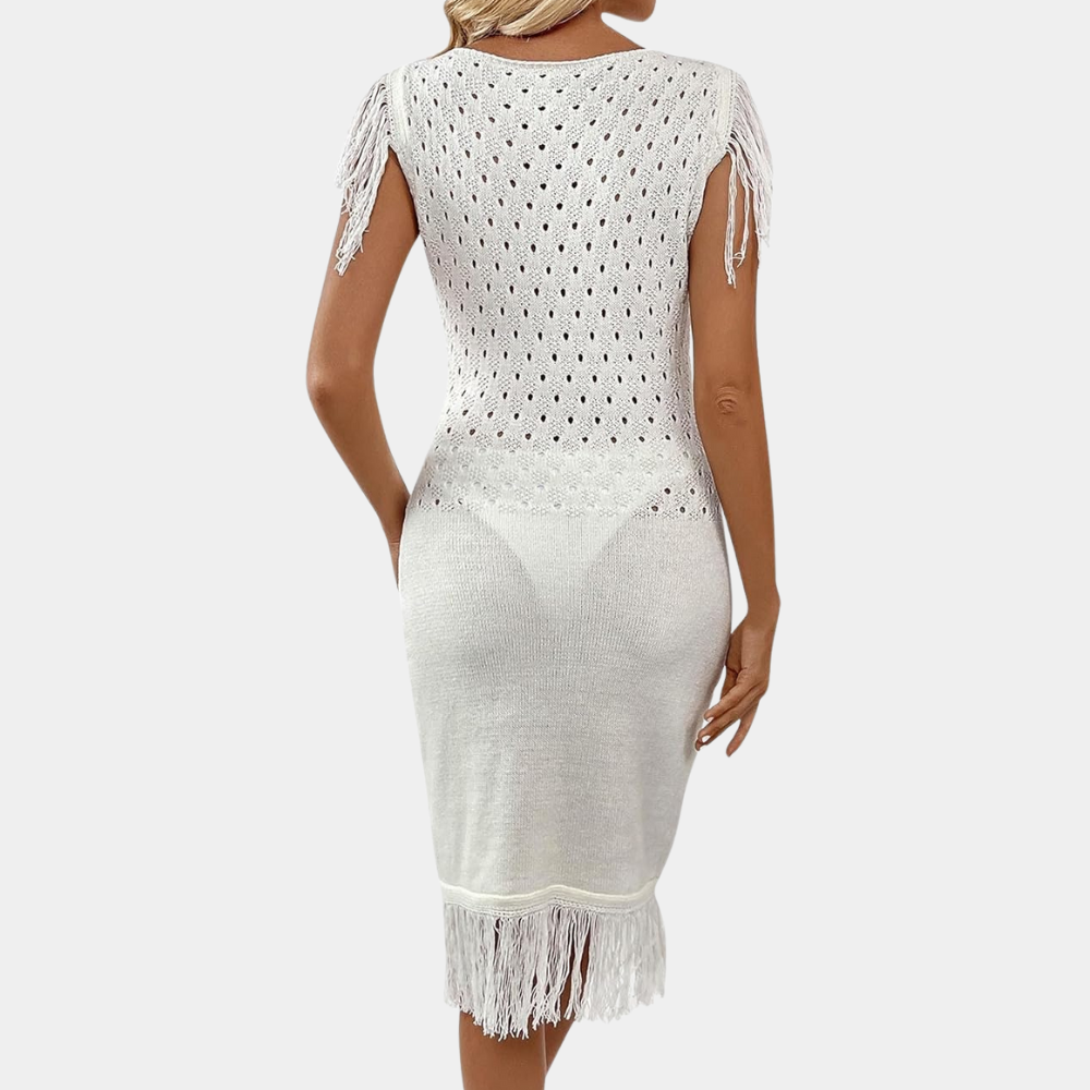 Gebreid jurk - witte dames zomerjurk met franjes