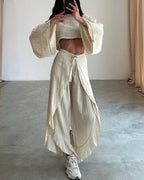 2-delige dames crop top en wijde broek set - lichte casual outfit voor ontspannen uitjes