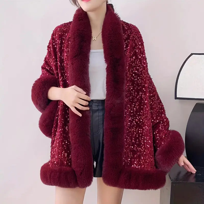 Dames faux fur cape - sprankelende pailletten warme pluche jas