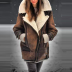 leren aviator dames jas - bruin leren jas met fleecevoering en kraag