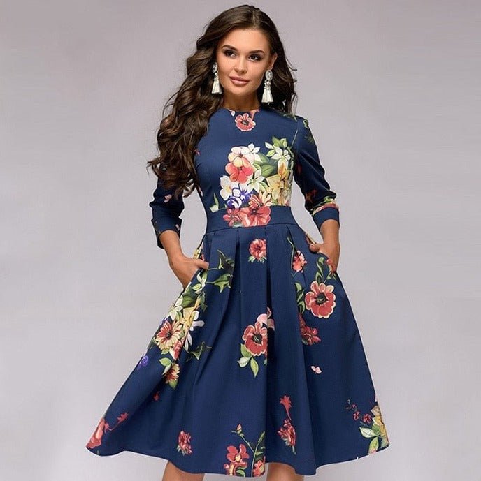 Florale midi jurk - elegante damesjurk met zakken