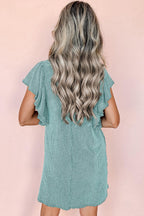 Rib mini jurk - lichtblauwe jurk met rimpelende mouwen