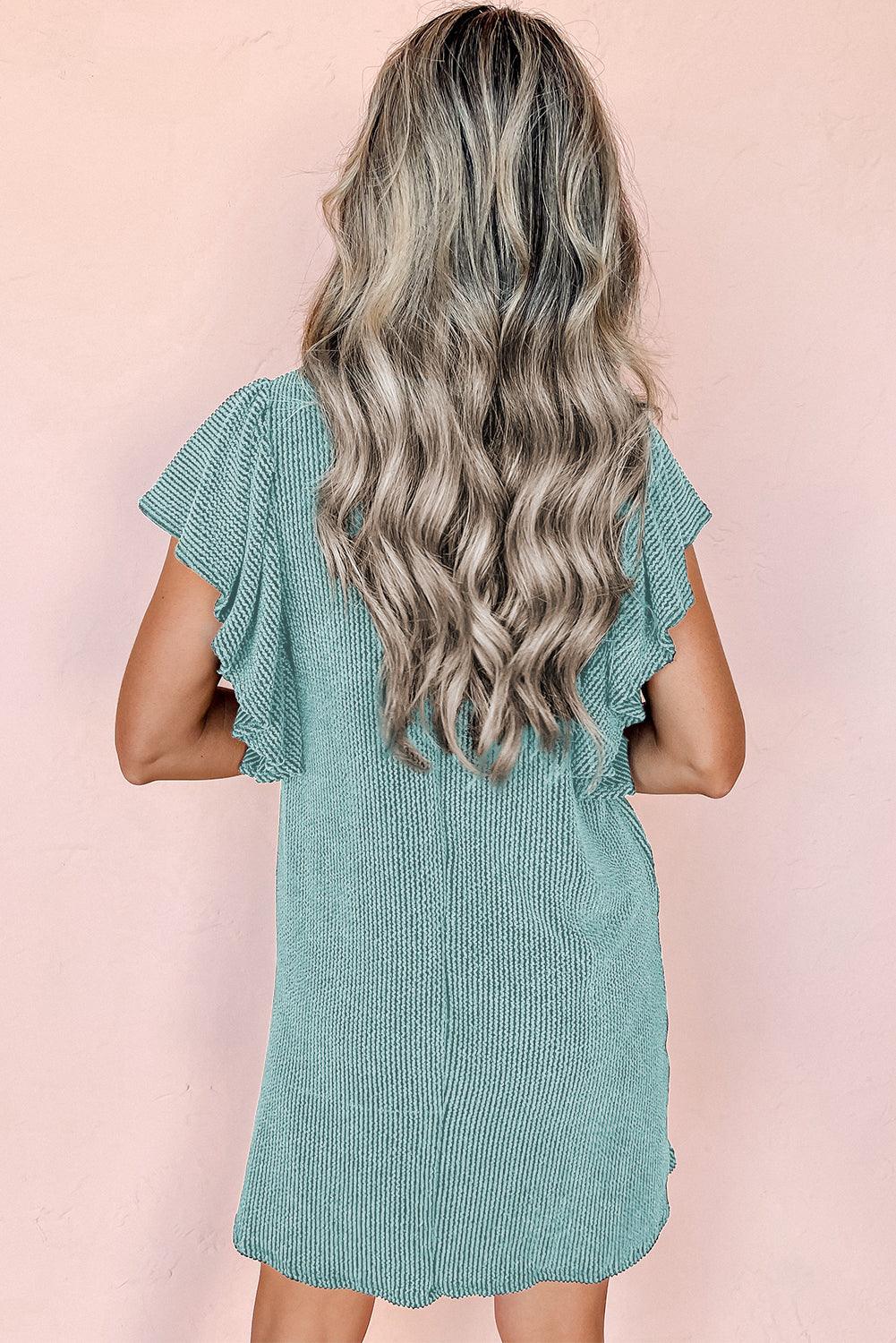 Rib mini jurk - lichtblauwe jurk met rimpelende mouwen