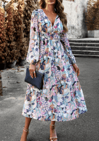 Floral maxi jurk - elegante lange damesjurk met gathered taille