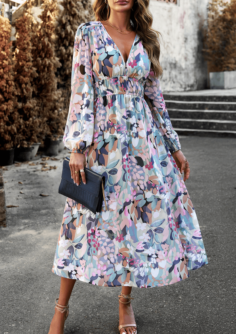 Floral maxi jurk - elegante lange damesjurk met gathered taille