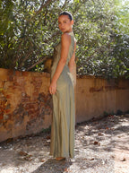 Dames maxikleed met één schouder in elegant groen - verfijnde avondoutfit met split