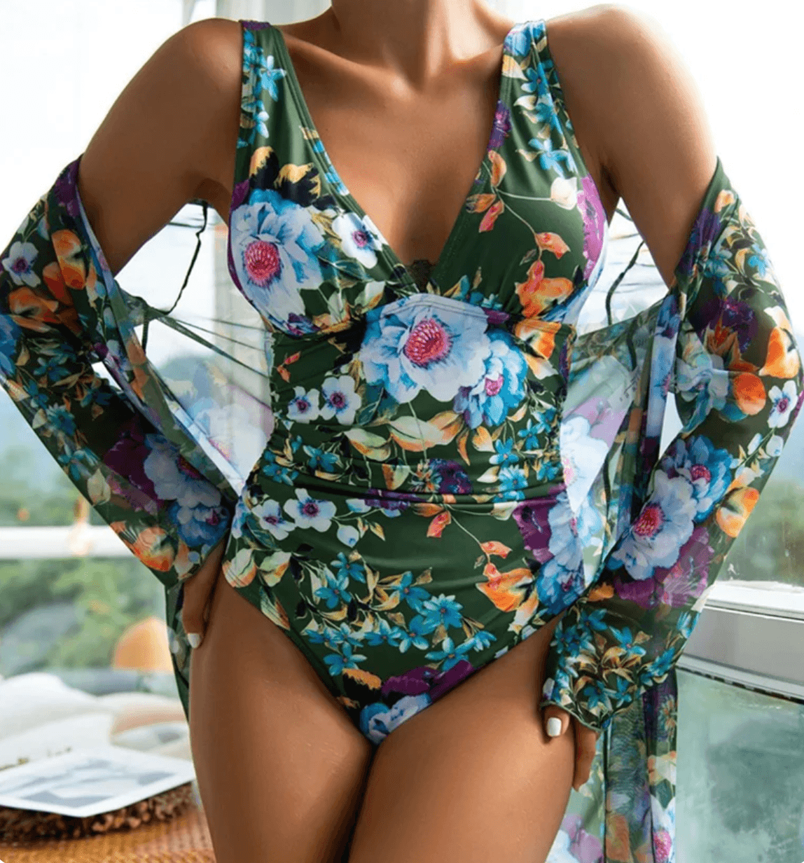 2-delige damesbloemen badmode met doorschijnende cover-up - stijlvolle strandoutfit voor de zomer