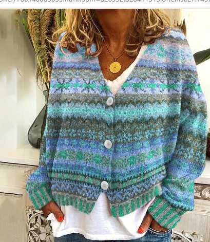 Kleurrijk nordic gestreept damesvest - vrolijk gebreid vest met knopen - Bakkermode.nl