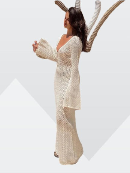 Gebreide maxi jurk - elegante lange damesjurk met v-hals - Bakkermode.nl