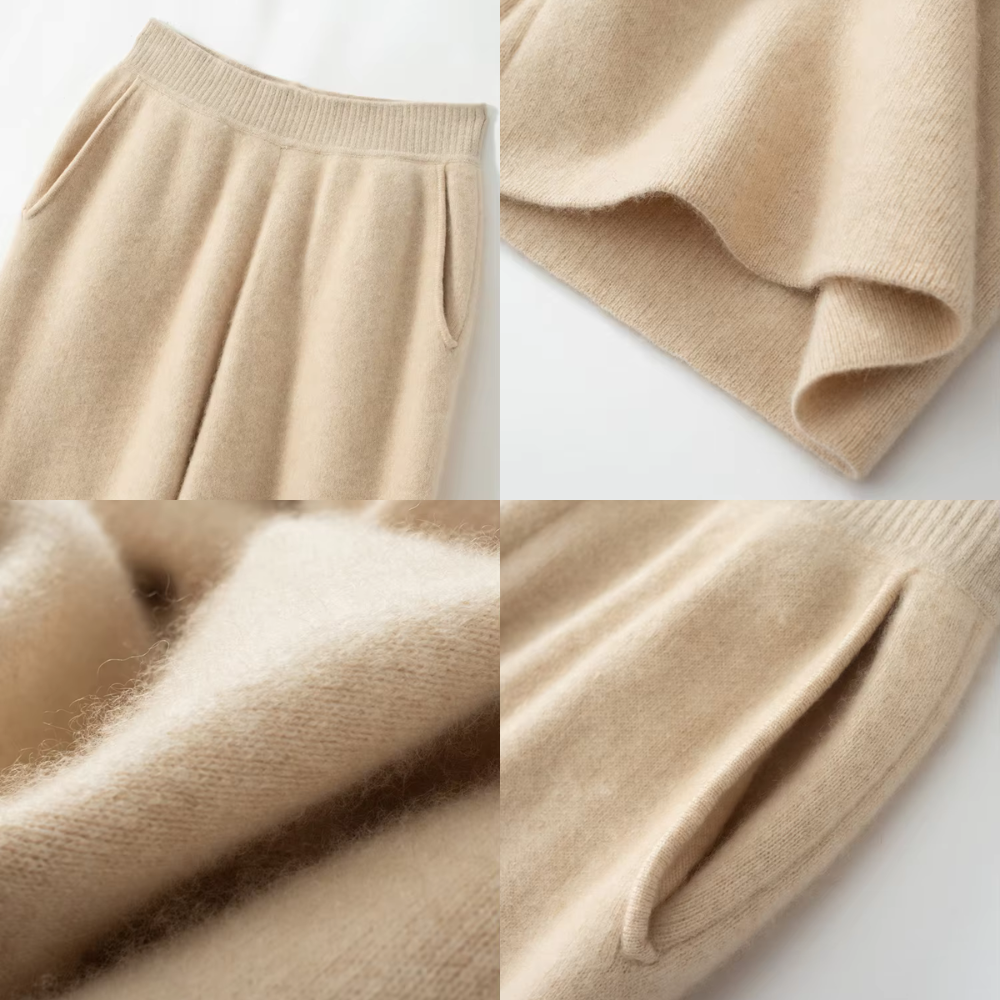 Gebreide cashmere broek - luxe damesbroek met wijde pijpen - Bakkermode.nl
