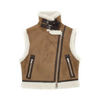 Dames bruin schapenvacht gevoerd vest - trendy faux leren laagjesstuk