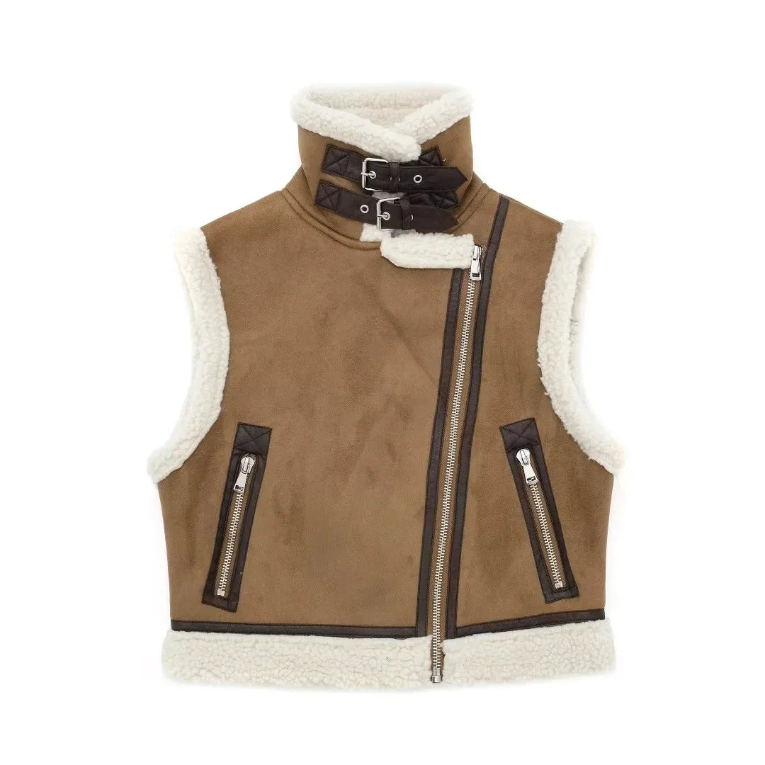 Dames bruin schapenvacht gevoerd vest - trendy faux leren laagjesstuk