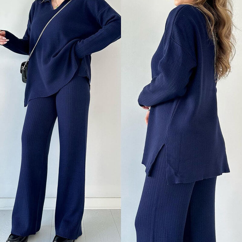 2-delige dames lounge set - gezellige geribde trui en broek voor casual uitjes en ontspanning