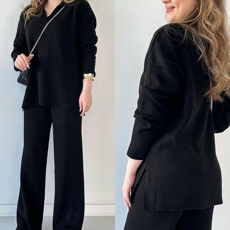 2-delige dames lounge set - gezellige geribde trui en broek voor casual uitjes en ontspanning