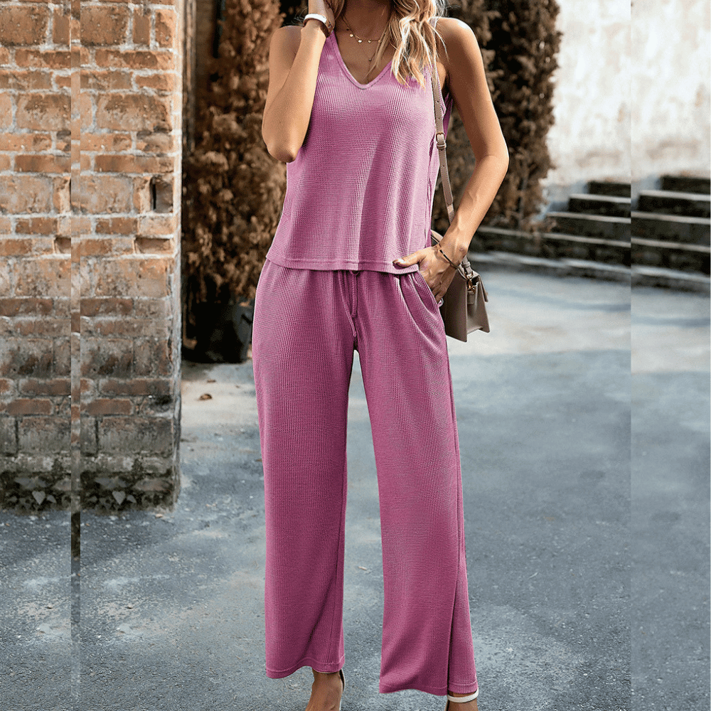 2-delige dames lounge set met geribbeld topje en broek - casual dagelijkse outfit