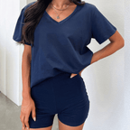Dames casual tweedelige set - v-hals top en shorts voor relaxed dagen, veelzijdige stijl