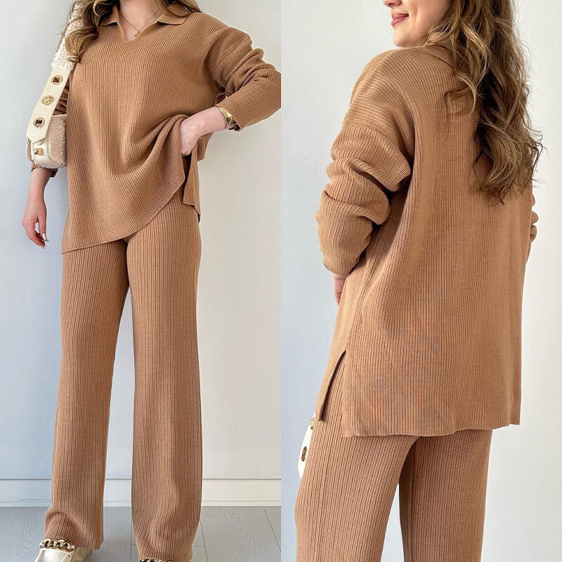 2-delige dames lounge set - gezellige geribde trui en broek voor casual uitjes en ontspanning