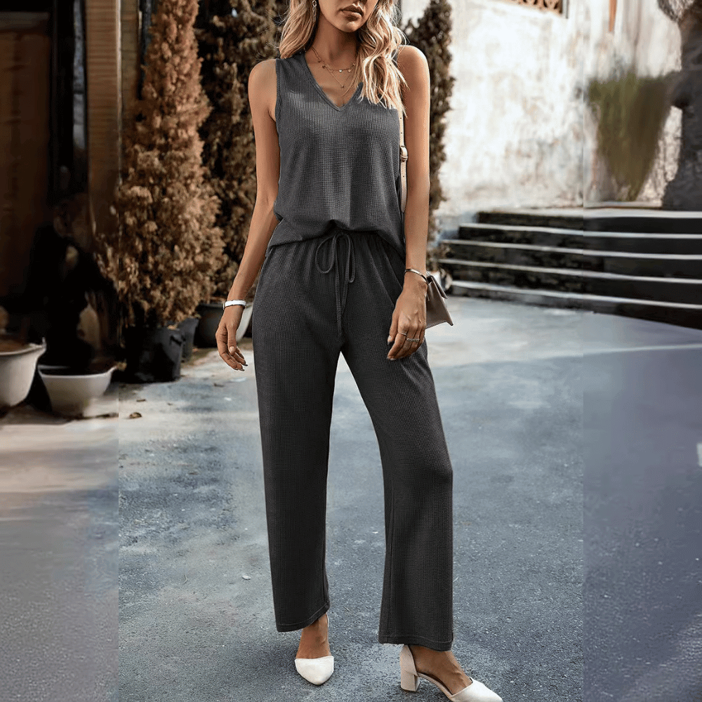 2-delige dames lounge set met geribbeld topje en broek - casual dagelijkse outfit