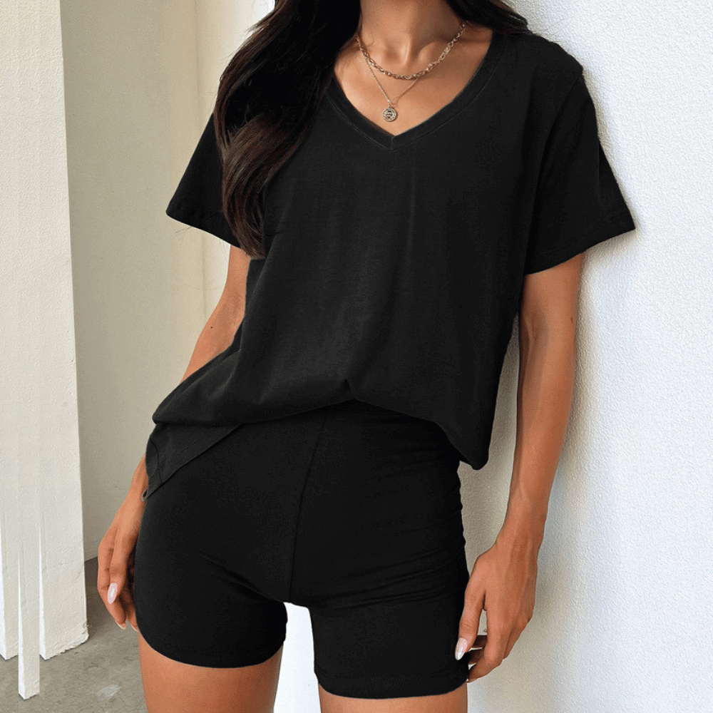 Dames casual tweedelige set - v-hals top en shorts voor relaxed dagen, veelzijdige stijl