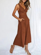 Dames casual jumpsuit met trendy mouwloze wijde pijpen - relaxte zomeroutfit met functionele zakken