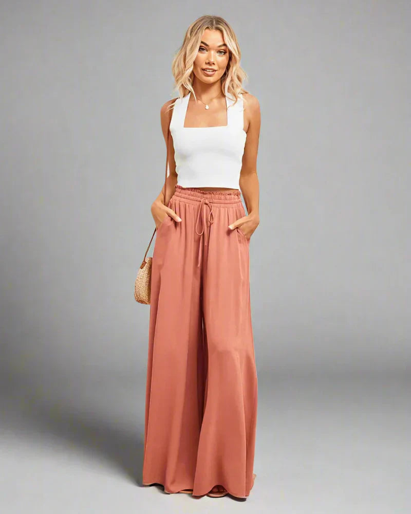 Dames hoge taille wijde pijpen broek - stijlvolle lichte broek voor casual uitjes