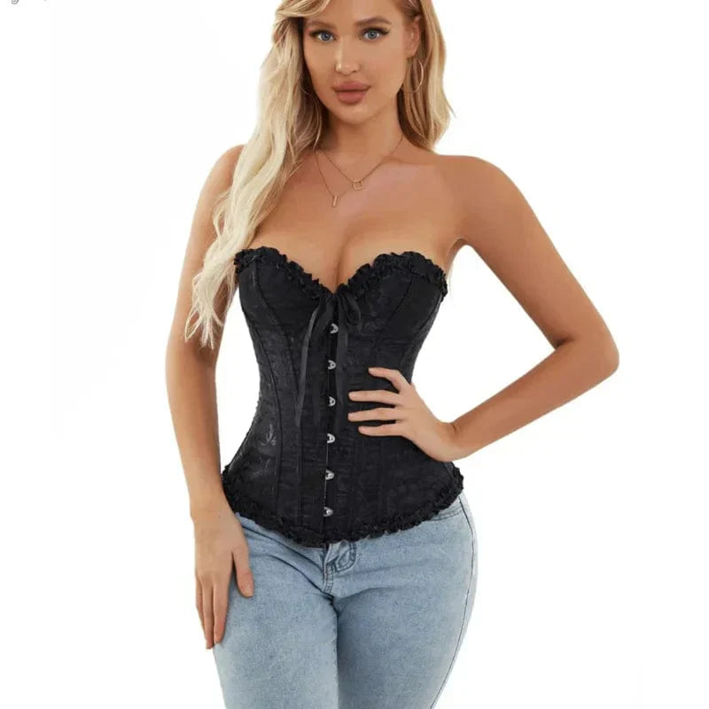 Brocade corset voor dames - verfijnd zwart corset met kantdetails