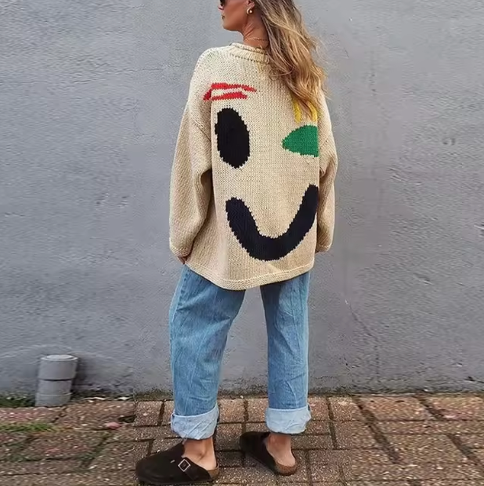 Dames oversized gebreide trui in zachte katoenmix met smiley ontwerp - casual alledaags
