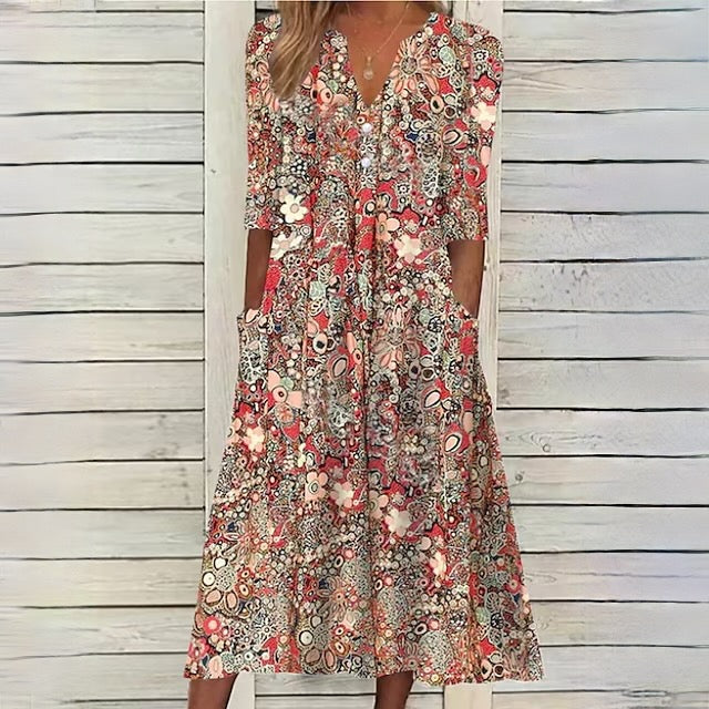 Bloemen midi-jurk - stijlvolle zomerjurk met zakken