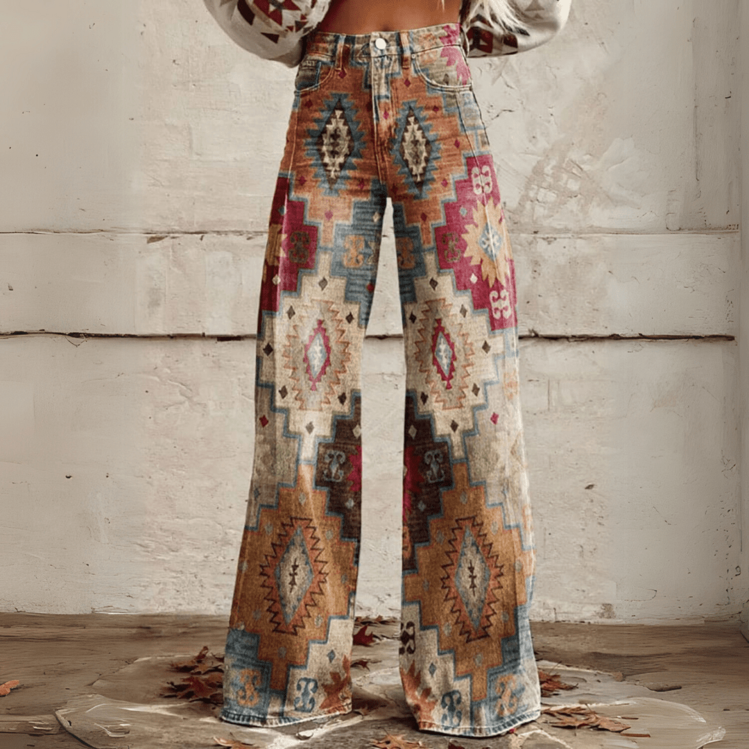 Dames vintage bloemen wijde broek - boho denim met witte bloemp print
