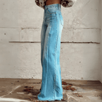 Dames vintage bloemen wijde broek - boho denim met witte bloemp print