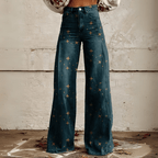 Dames vintage bloemen wijde broek - boho denim met witte bloemp print