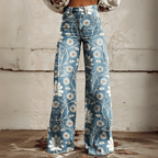Dames vintage bloemen wijde broek - boho denim met witte bloemp print