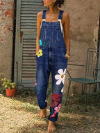Dames denim overalls met bloemenprint - stijlvolle casual overall met zakken voor dagelijks gebruik