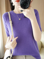 Gehaakte jumper - korte mouw wol en kasjmier blend top voor dames