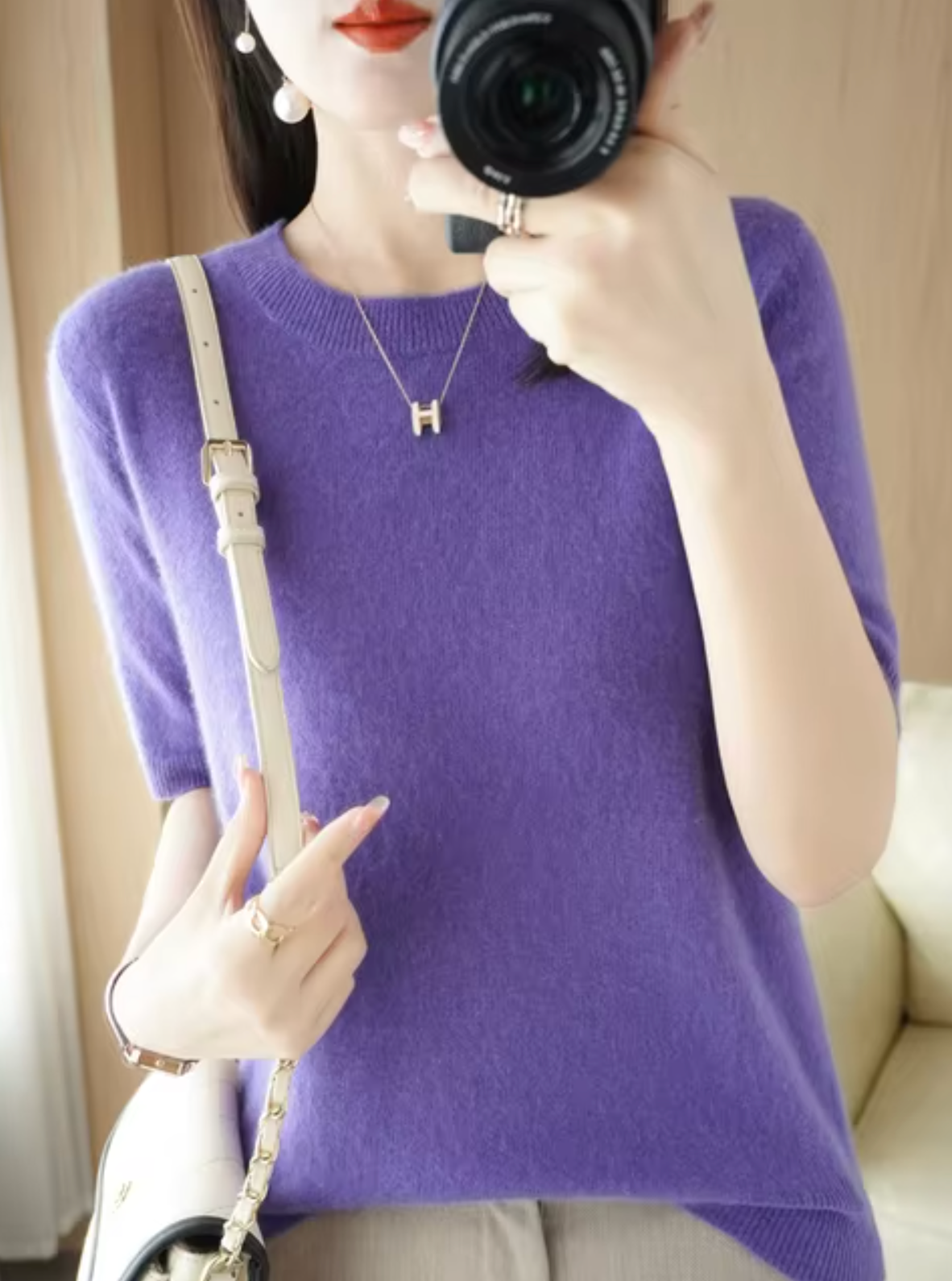 Gehaakte jumper - korte mouw wol en kasjmier blend top voor dames